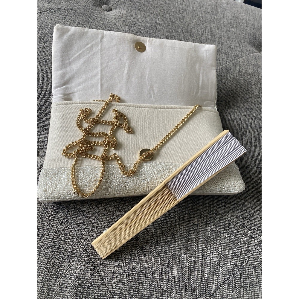 Bride Beaded Clutch Purse White Goldtone Chain Removable Shoulder Strap Wedding - Picture 4 of 7